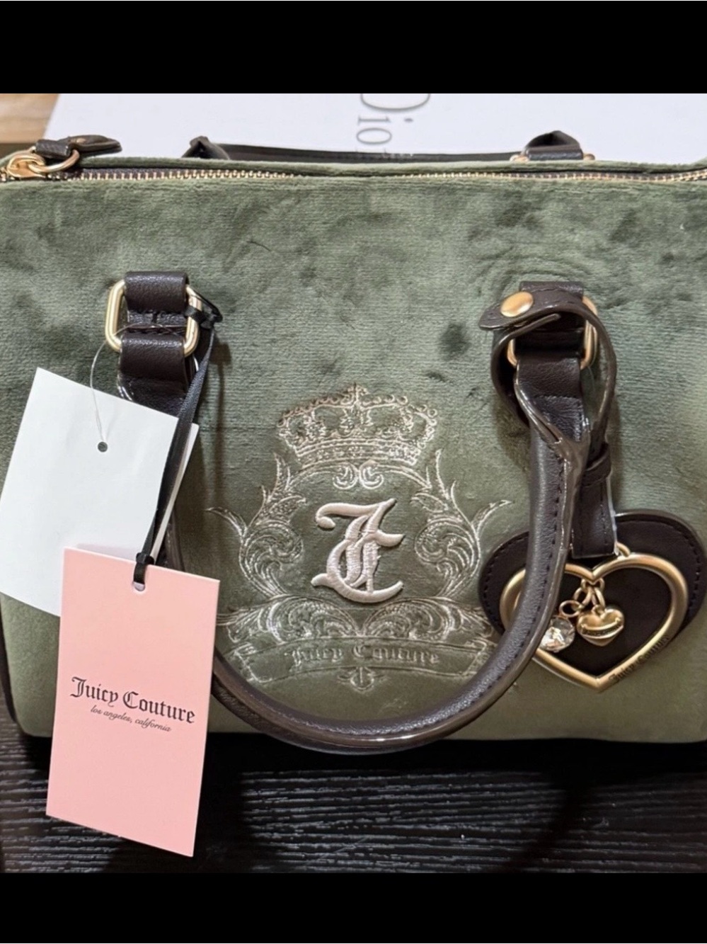 Juicy Couture Olive Velvet Satchel with Brown Handles & Gold Heart Charm